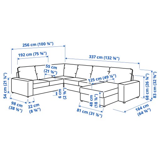 VIMLE, corner sofa, 5-seat with chaise longue with wide armrests, 494.018.31
