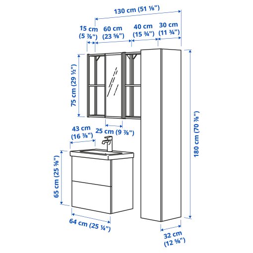 ENHET/TVALLEN, bathroom furniture set of 18, 64x43x65 cm, 494.798.82