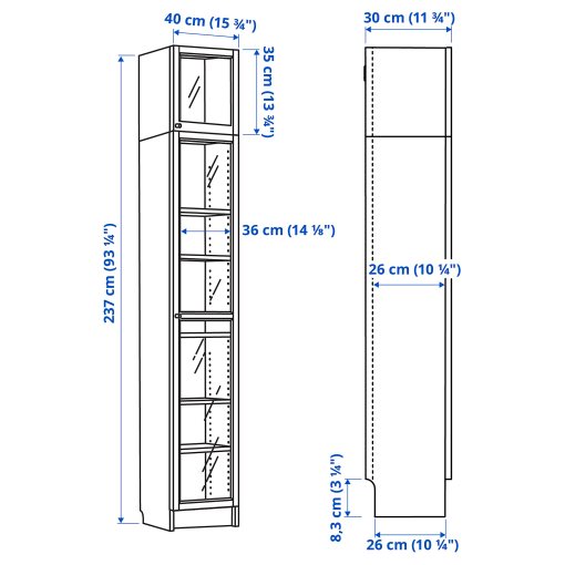 BILLY/OXBERG, βιβλιοθήκη με γυάλινες πόρτες/μονάδα επέκτασης ύψους, 40x30x237 cm, 594.833.60