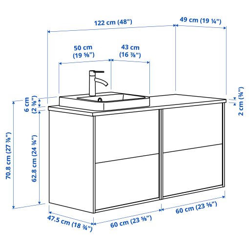 ANGSJON/KATTEVIK, έπιπλο νιπτήρα/νιπτήρας/μπαταρία, 122x49x71 cm, 595.285.99