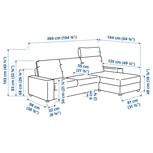 VIMLE, 3-seat sofa with chaise longue with headrest with wide armrests, 694.012.98