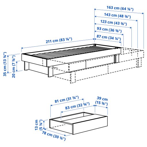 GLAMBERGET, extendable bed with storage and 2 mattresses, 80x200 cm, 695.683.54