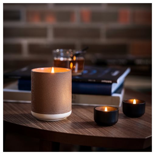 SILKESTRÄD, scented candle in ceramic jar/leather & vanilla, 45 hr, 705.703.94