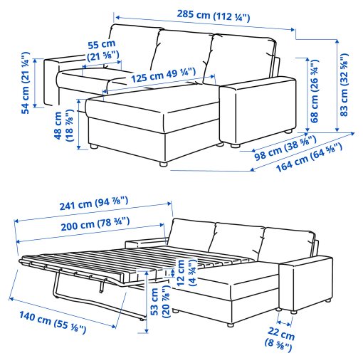 VIMLE, 3-seat sofa-bed with wide armrests and chaise longue, 795.370.84