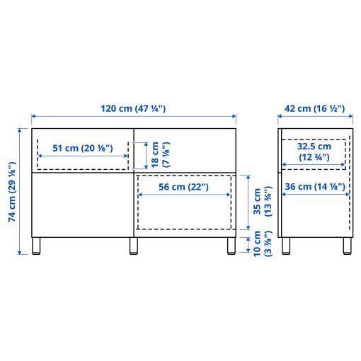 BESTÅ, storage combination with doors/drawers soft-closing, 120x42x74 cm, 795.693.34