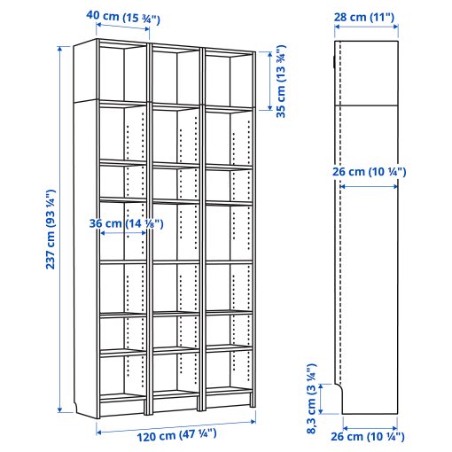 BILLY, bookcase combination with height extension units, 120x28x237 cm, 894.833.92