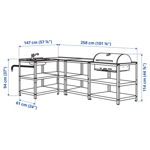 GRILLSKÄR, kitchen sink unit/charcoal barbecue/outdoor, 258x147 cm, 994.964.45