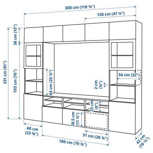 BESTÅ, σύνθεση αποθήκευσης TV/γυάλινες πόρτες/συρτάρια με μαλακό κλείσιμο, 300x42x231 cm, 094.110.02
