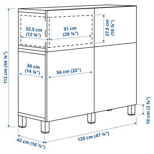 BESTÅ, σύνθεση αποθήκευσης με πόρτες/συρτάρια με μαλακό κλείσιμο, 120x42x112 cm, 094.818.44