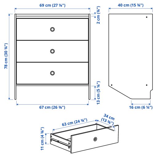 RACKNAS, chest of 3 drawers/wall mounted, 69x78 cm, 105.945.24
