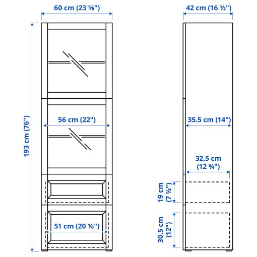 BESTÅ, σύνθεση αποθήκευσης με γυάλινες πόρτες/συρτάρια με μαλακό κλείσιμο, 60x42x193 cm, 293.008.47