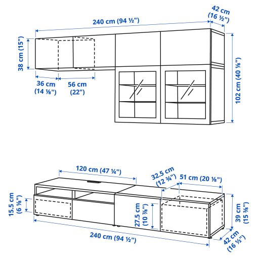 BESTÅ, σύνθεση αποθήκευσης TV/ γυάλινες πόρτες/συρτάρια ανοίγματος με πίεση, 240x42x231 cm, 394.121.56