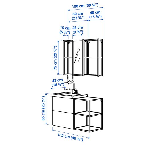 ENHET/TVALLEN, έπιπλα μπάνιου, 15 τεμ. 102x43x65 cm, 394.193.70