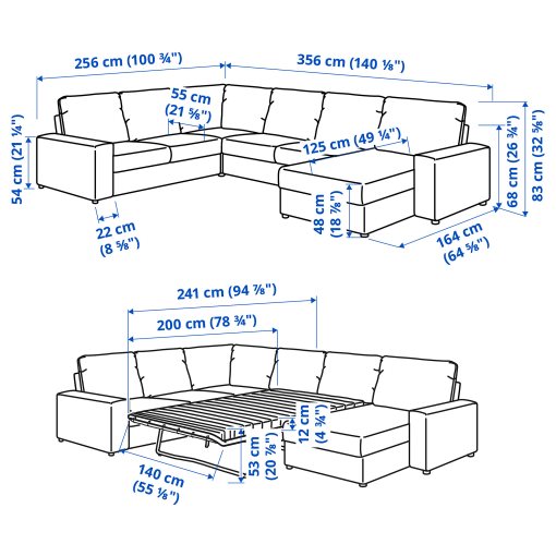 VIMLE, corner sofa-bed with wide armrests, 5-seat with chaise longue, 395.452.03
