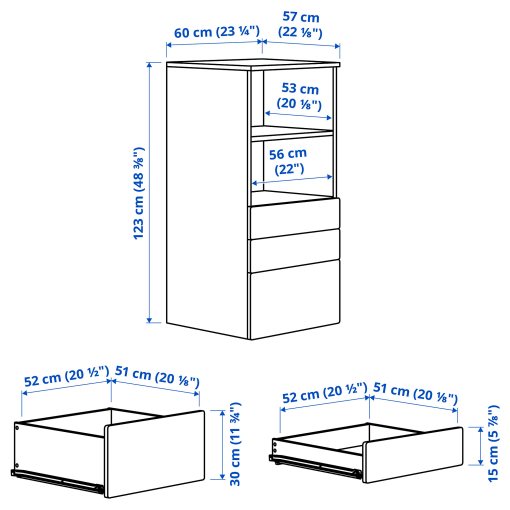 SMASTAD/PLATSA, bookcase with 3 drawers, 60x57x123 cm, 493.878.11