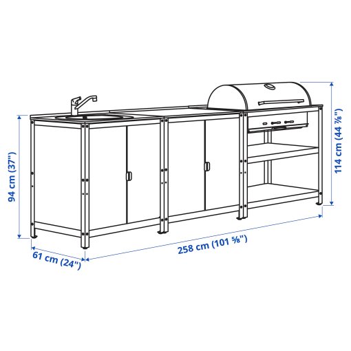 GRILLSKÄR, kitchen sink unit/charcoal barbecue/outdoor, 258x61 cm, 494.962.97