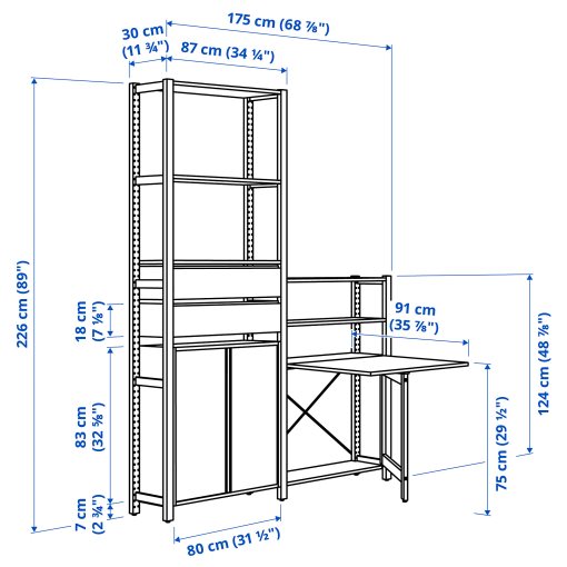 IVAR, 2 storage section units with foldable table, 175x30x226 cm, 594.702.11