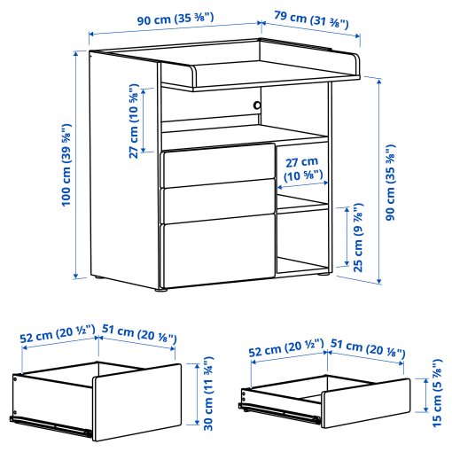 SMÅSTAD, changing table with 3 drawers, 90x79x100 cm, 595.827.65