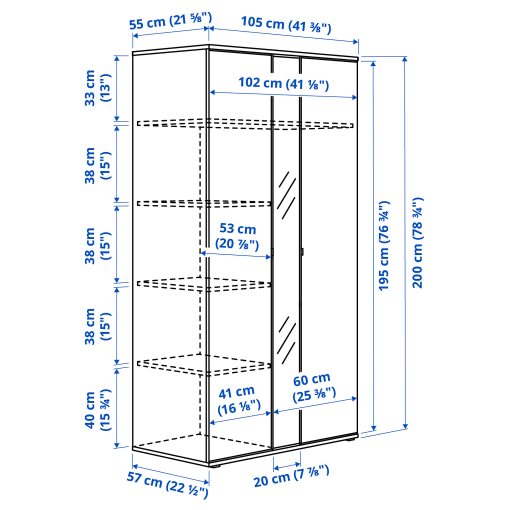 VIHALS, ντουλάπα με 2 πόρτες, 105x57x200 cm, 604.832.55