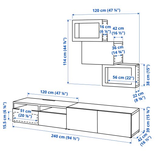 BESTÅ, σύνθεση αποθήκευσης TV/γυάλινες πόρτες/συρτάρια ανοίγματος με πίεση, 240x42x190 cm, 694.112.97