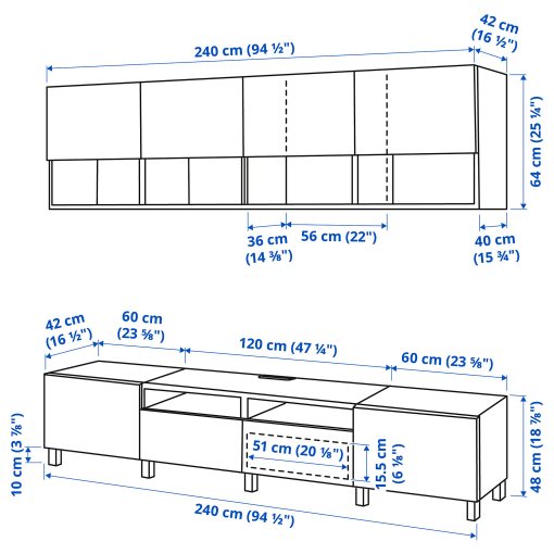 BESTÅ, σύνθεση αποθήκευσης TV/πόρτες/συρτάρια ανοίγματος με πίεση, 240x42x230 cm, 694.119.47