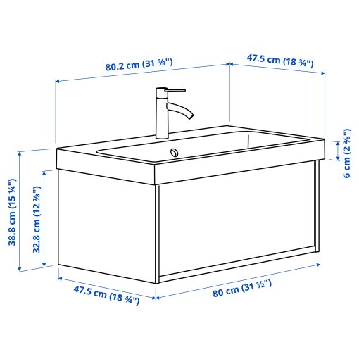 ANGSJON/BACKSJON, βάση νιπτήρα με συρτάρι/νιπτήρα/μπαταρία, 80x48x39 cm, 695.212.34
