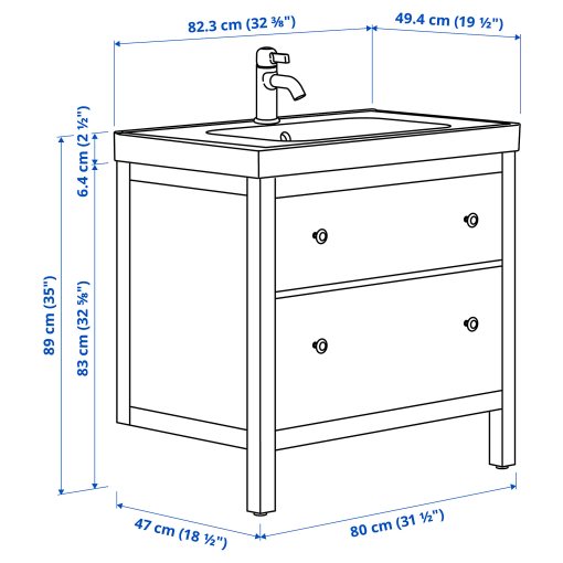 HEMNES/ORRSJON, wash-stand with drawers/wash-basin/tap, 82x49x89 cm, 695.467.91