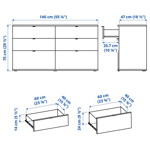 VIHALS, chest of 6 drawers, 140x47x70 cm, 804.901.13