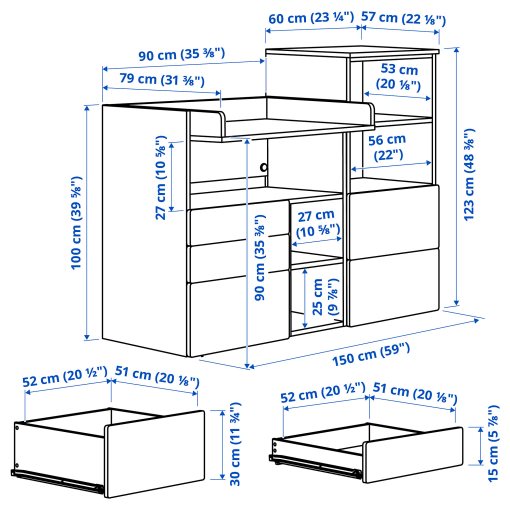 SMASTAD/PLATSA, changing table with bookcase, 150x79x123 cm, 995.832.30