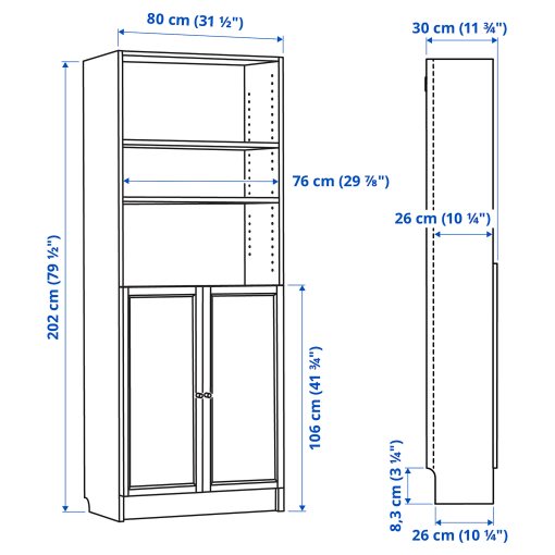 BILLY/OXBERG, bookcase with doors, 80x30x202 cm, 094.833.67