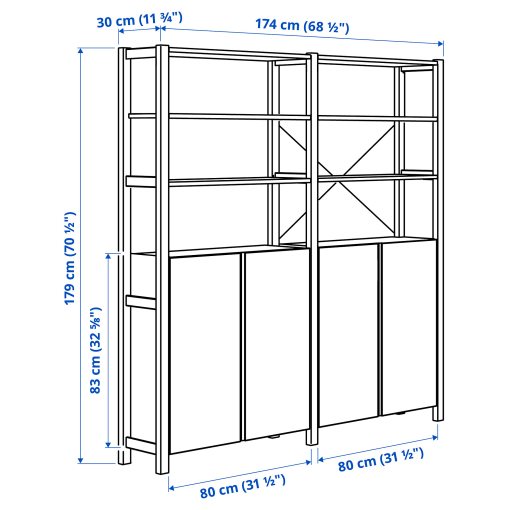 IVAR, 2 sections/shelves/cabinet, 174x30x179 cm, 394.039.39