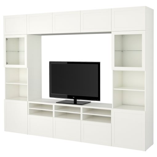 BESTÅ, TV storage combination/glass doors/drawers soft closing, 300x42x231 cm, 494.112.41