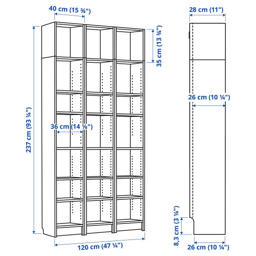 BILLY, bookcase combination with height extension units, 120x28x237 cm, 494.833.89