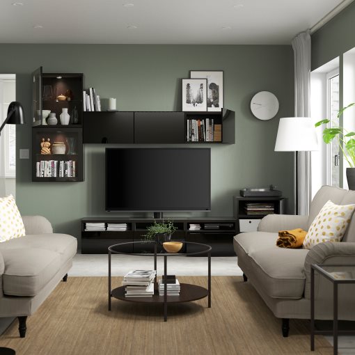 BESTÅ, TV storage combination/glass doors/drawers soft closing, 300x42x211 cm, 594.068.52