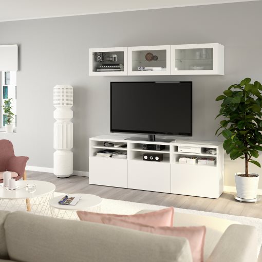 BESTÅ, σύνθεση αποθήκευσης TV/γυάλινες πόρτες/συρτάρια με μαλακό κλείσιμο, 180x42x192 cm, 794.071.91