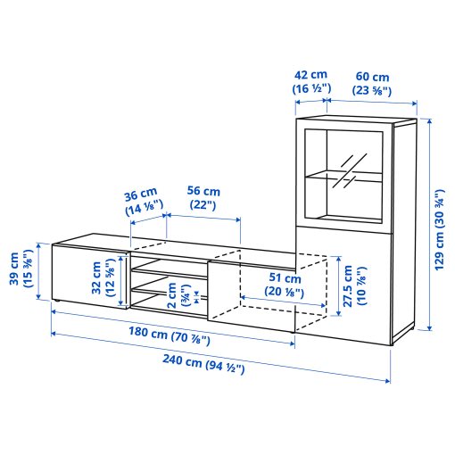 BESTÅ, σύνθεση αποθήκευσης TV/γυάλινες πόρτες, 240x42x129 cm, 994.217.23