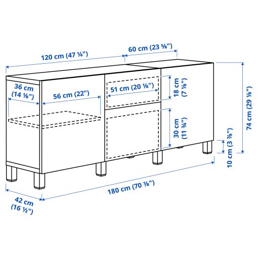 BESTÅ, storage combination with drawers soft-closing, 180x42x74 cm, 191.956.20