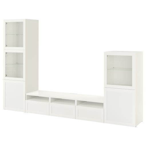 BESTÅ, σύνθεση αποθήκευσης TV/γυάλινες πόρτες/συρτάρια με μαλακό κλείσιμο, 300x42x193 cm, 493.307.92