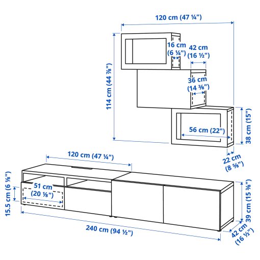 BESTÅ, TV storage combination/glass doors/drawers soft closing, 240x42x190 cm, 594.113.11