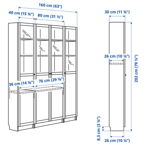 BILLY/OXBERG, bookcase combination with panel/glass doors, 160x202 cm, 794.835.47