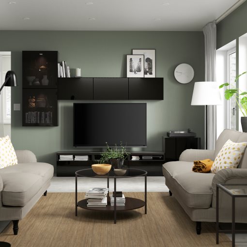 BESTÅ, σύνθεση αποθήκευσης TV/γυάλινες πόρτες/συρτάρια με μαλακό κλείσιμο, 300x42x211 cm, 194.068.54