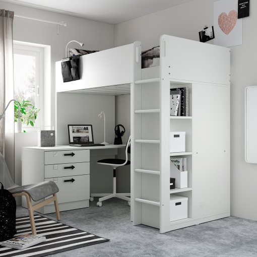 SMÅSTAD, loft bed with desk with 2 shelves, 90x200 cm, 095.203.36
