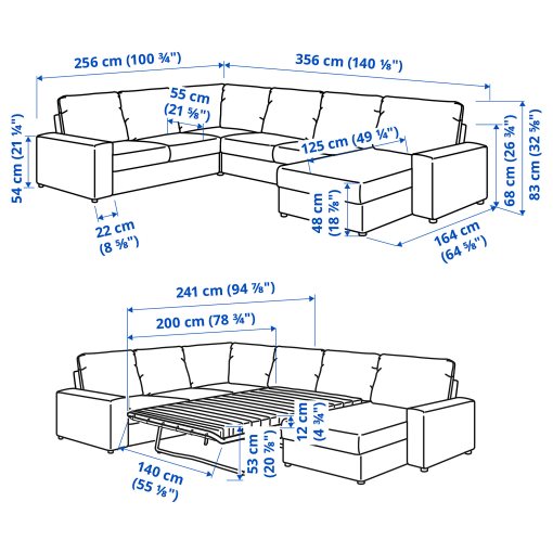 VIMLE, γωνιακός καναπές-κρεβάτι με πλατιά μπράτσα, 5 θέσεων με σεζλόνγκ, 195.370.20