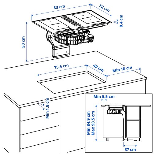 TÄCKNAN, induction hob/interior extractor with recirculation kit/IKEA 500, 83 cm, 196.125.14