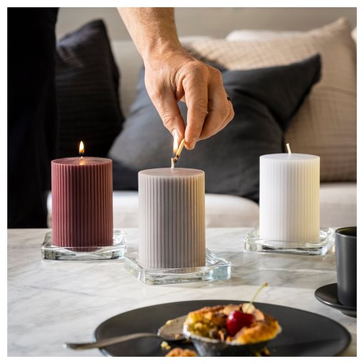 KOPPARLÖNN, scented pillar candle/almond & cherry/3 pack, 30 hr, 205.517.60