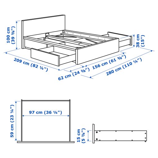 MALM, bed frame/high with 4 storage boxes, 140X200 cm, 390.024.37