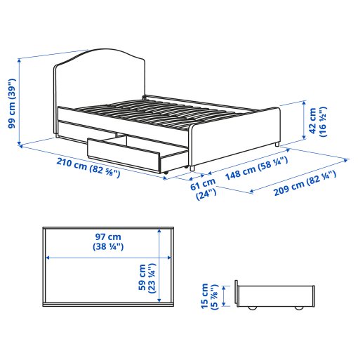 HAUGA, κρεβάτι με επένδυση/2 αποθηκευτικά κουτιά, 140X200 cm, 393.366.43