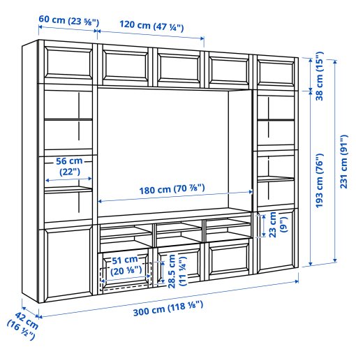 BESTÅ, TV storage combination/glass doors/drawers soft closing, 300x42x231 cm, 394.112.51