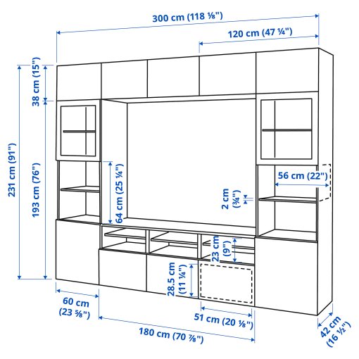 BESTÅ, TV storage combination/glass doors/drawers soft closing, 300x42x231 cm, 494.112.41