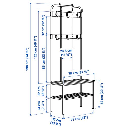NIPÅSEN, κρεμάστρα ρούχων με πάγκο και παπουτσοθήκη, 190x35x79 cm, 505.861.45
